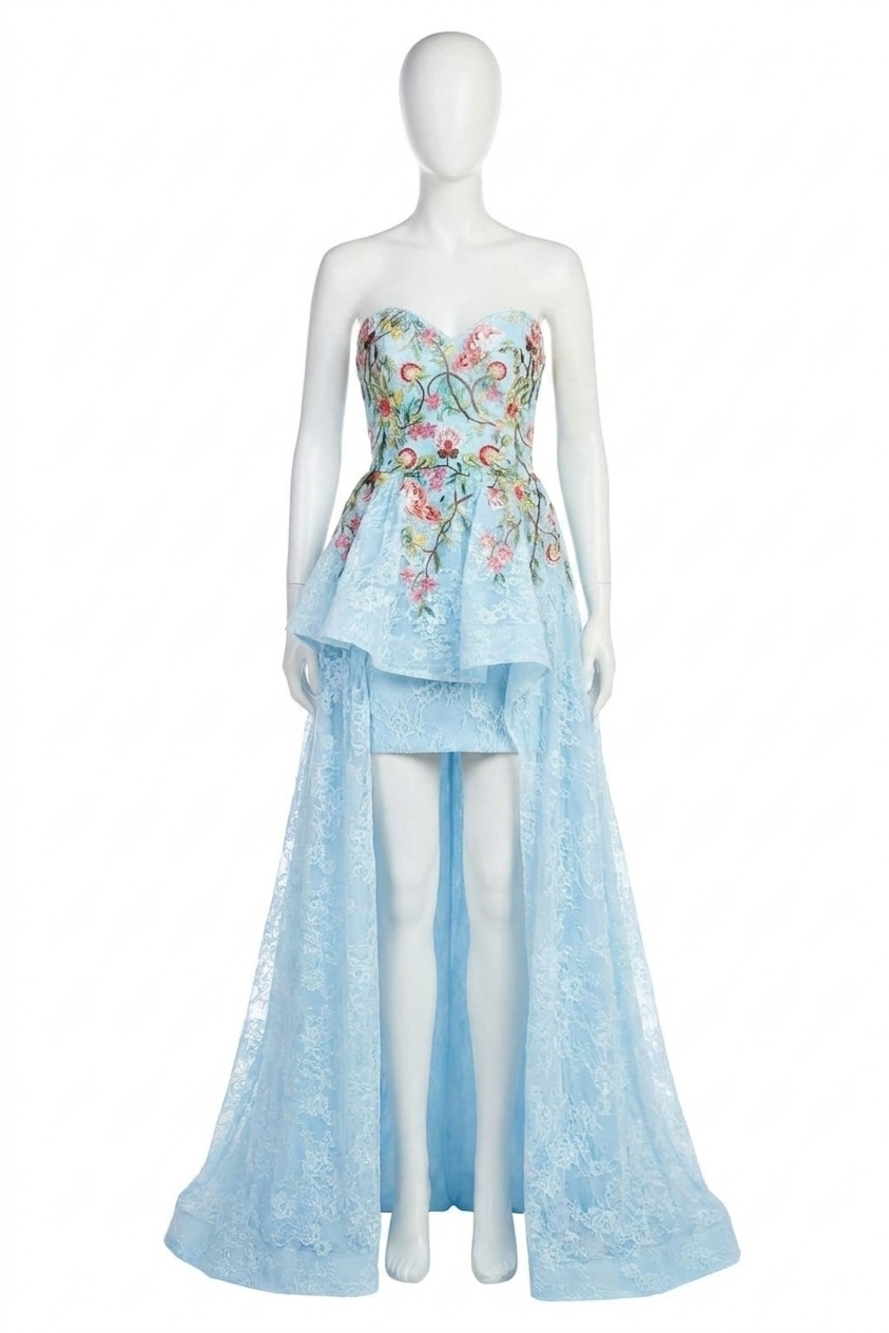 NEW SHERRI HILL high-low prom dress in lt blue/multi